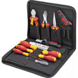 Black tool set with various insulated tools, including screwdrivers and pliers, in a zippered case.