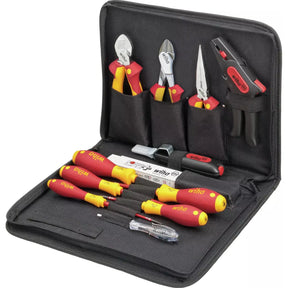 Black tool set with various insulated tools, including screwdrivers and pliers, in a zippered case.