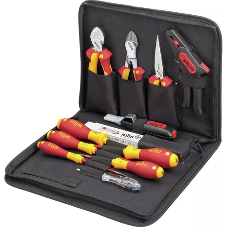 Black tool set with various insulated tools, including screwdrivers and pliers, in a zippered case.