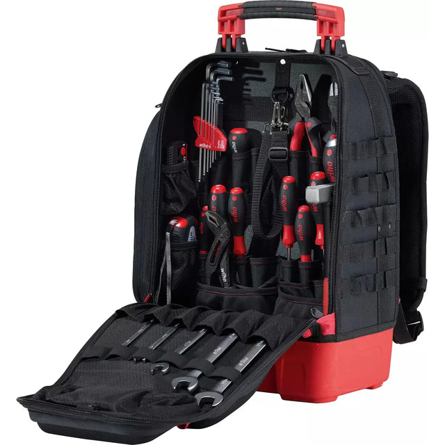 Black and red tool backpack with various hand tools inside, including wrenches and screwdrivers.