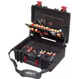 Black tool case with red and yellow insulated tools neatly organized inside