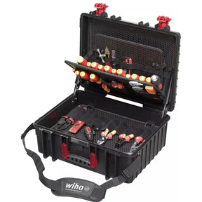 Black tool case with red and yellow insulated tools neatly organized inside