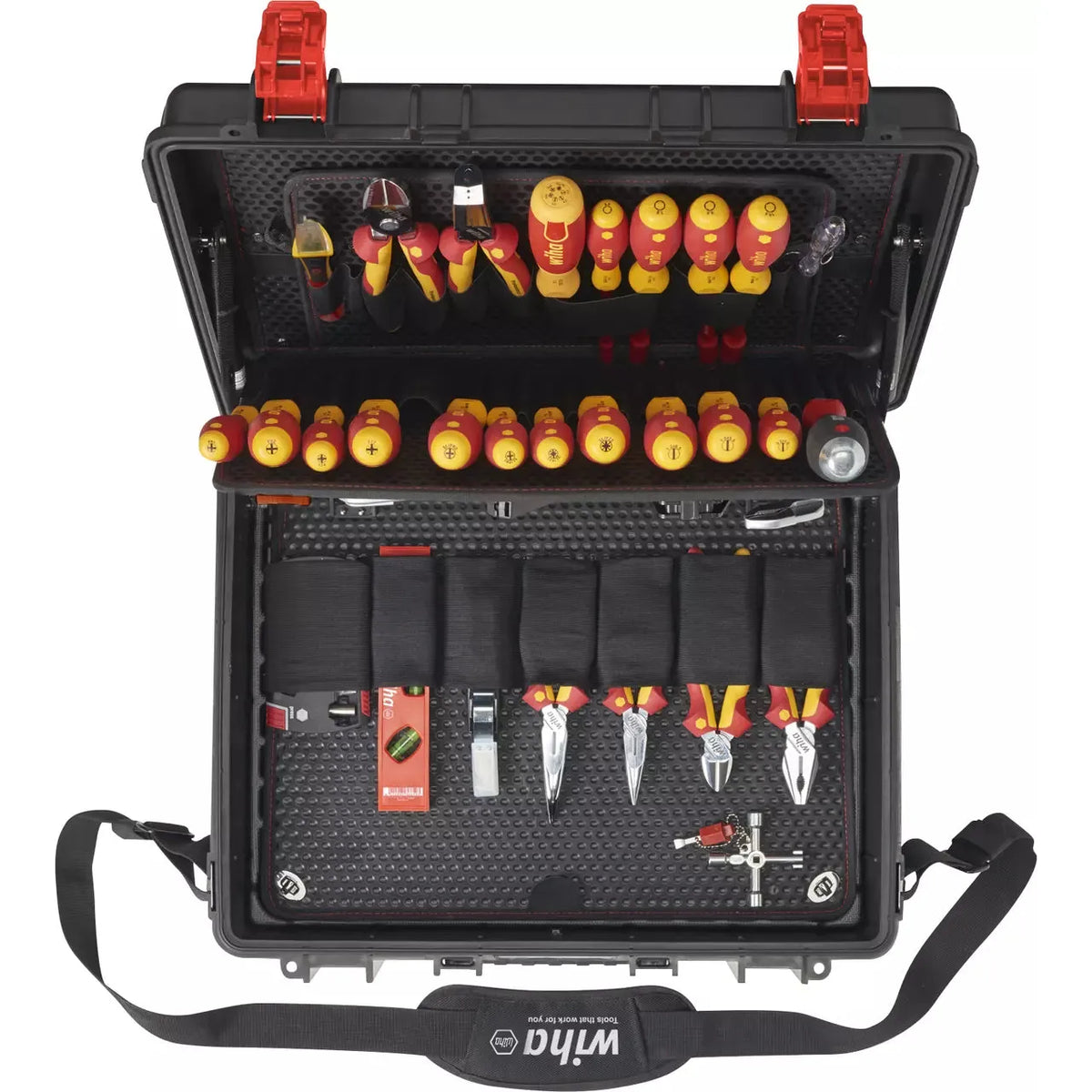 Black tool case with assorted insulated screwdrivers and pliers, open to show contents.