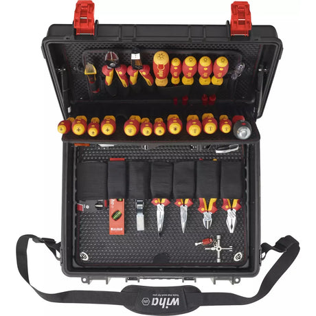Black tool case with assorted insulated screwdrivers and pliers, open to show contents.