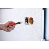 90–1,000V AC – A hand holding a non-contact voltage detector near exposed electrical wires in a wall socket.