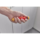 Hand holding a red and yellow electric screwdriver with a rounded grip