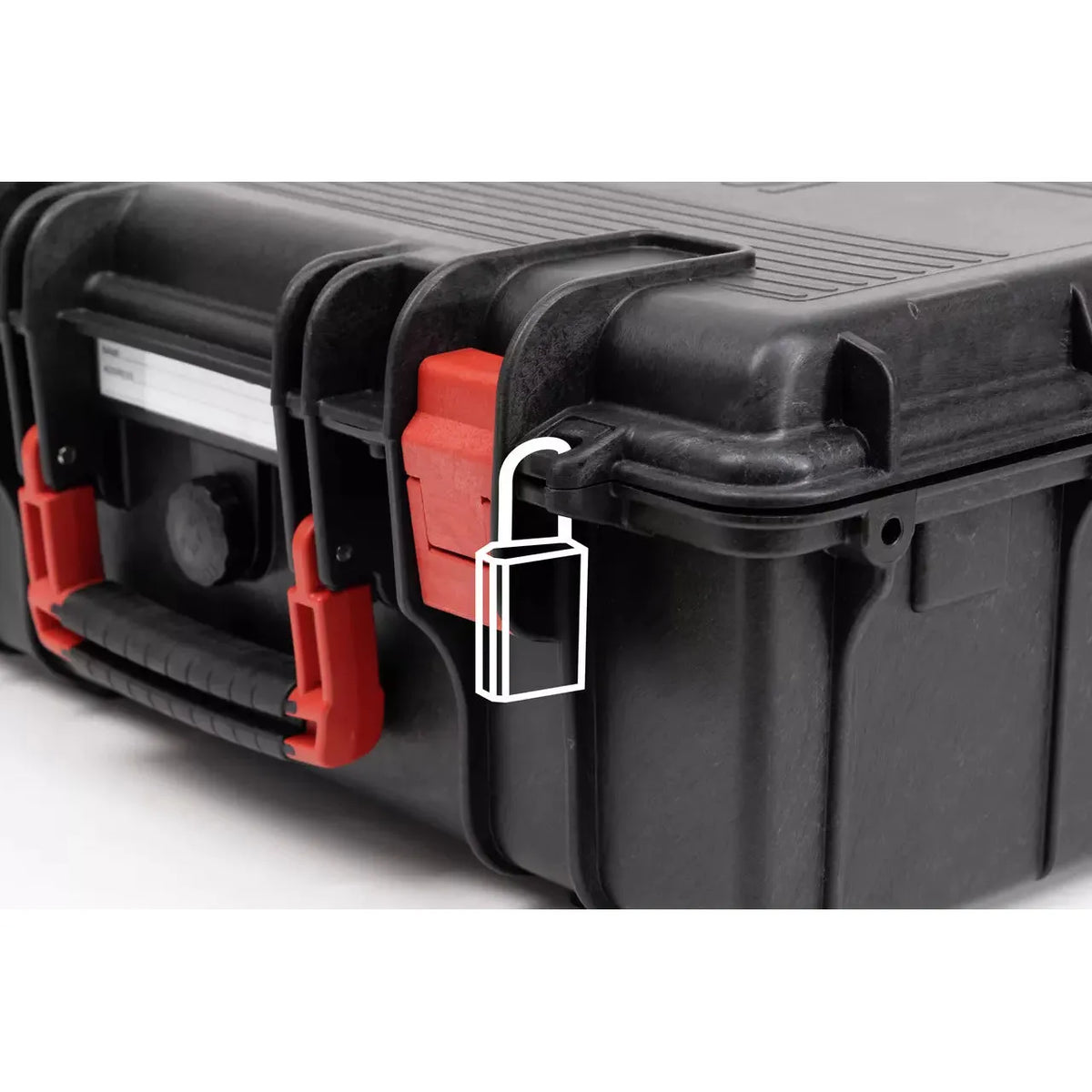 Black plastic case with red latches and a handle, featuring a padlock icon on the side.