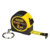 STANLEY FMHT1-33856 compact yellow and black tape measure keychain, 2m length, front angle on white background.