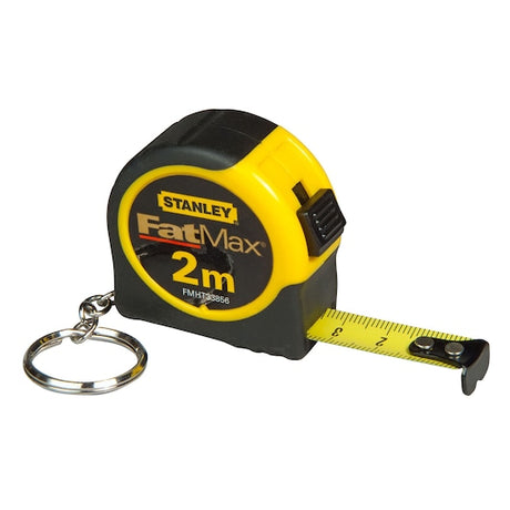 STANLEY FMHT1-33856 compact yellow and black tape measure keychain, 2m length, front angle on white background.