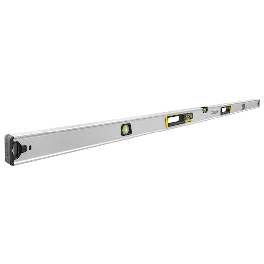 Photo of STANLEY FMHT43678-1 spirit level, long aluminum body with three vials, side angle on white background.