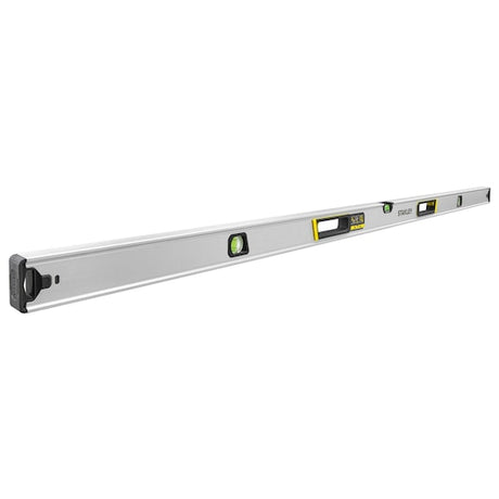 Photo of STANLEY FMHT43678-1 spirit level, long aluminum body with three vials, side angle on white background.