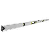 Photo of STANLEY FMHT43678-1 spirit level, long aluminum body with three vials, side angle on white background.