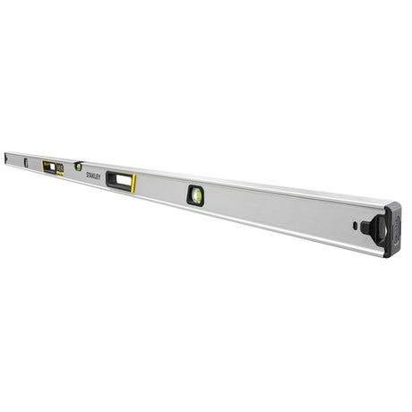 STANLEY FMHT43678-1 spirit level, silver with yellow accents, angled view on white background.