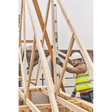 STANLEY FMHT43678-1 spirit level used vertically by worker in safety gear on wood framing at construction site.