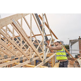 STANLEY FMHT43678-1 spirit level used by a construction worker on a timber roof frame, outdoor jobsite.