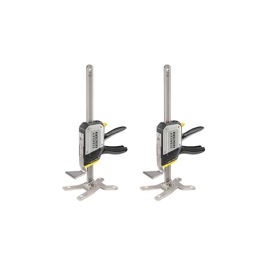 Photo of two STANLEY FMHT83552-1 heavy duty clamps with black handles and metal bars, shown from side on white background.