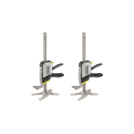 Photo of two STANLEY FMHT83552-1 heavy duty clamps with black handles and metal bars, shown from side on white background.