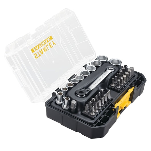 STANLEY FMMT19101-0 socket and bit set in black case with clear lid, top angle.