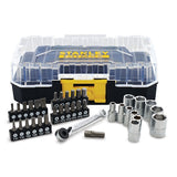 Photo of STANLEY FMMT19101-0 socket and bit set with ratchet, displayed in front of clear-lid storage case.
