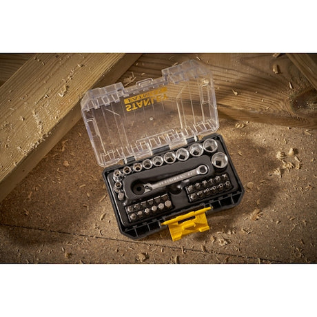 STANLEY FMMT19101-0 socket and bit set in black case with clear lid, shown open on wood surface.