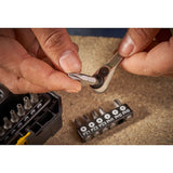 STANLEY FMMT19101-0 ratchet tool set with bits being inserted, close-up photography.