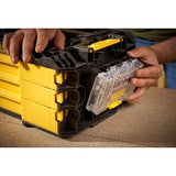 STANLEY FMMT19101-0 modular yellow and black toolbox with clear removable organizer, close-up photography.