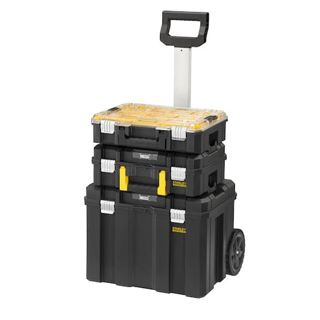 STANLEY FMST1-80101 black rolling toolbox stack with three compartments, clear lid, and extendable handle, front angle.
