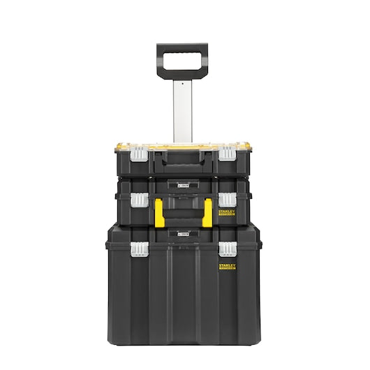 STANLEY FMST1-80101 black and yellow rolling tool box stack, front angle, on white background.
