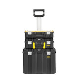 STANLEY FMST1-80101 black and yellow rolling tool box stack, front angle, on white background.