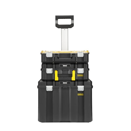 STANLEY FMST1-80101 black and yellow rolling tool box stack, front angle, on white background.