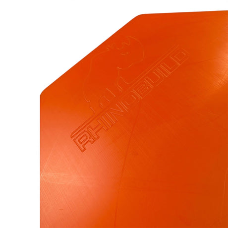 Orange Rhinoboard Bricklayers Spot Board, 595x595mm with integrated handle, impact-resistant, acid-resistant polymer.