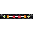 Black spirit level with two green vials and colored markers