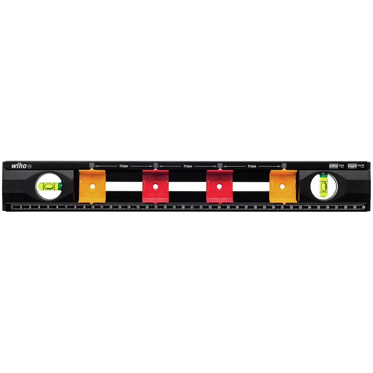 Black spirit level with two green vials and colored markers