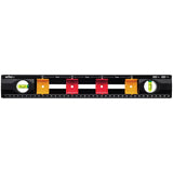 Black spirit level with two green vials and colored markers