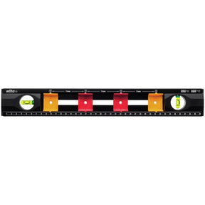 Black spirit level with two green vials and colored markers