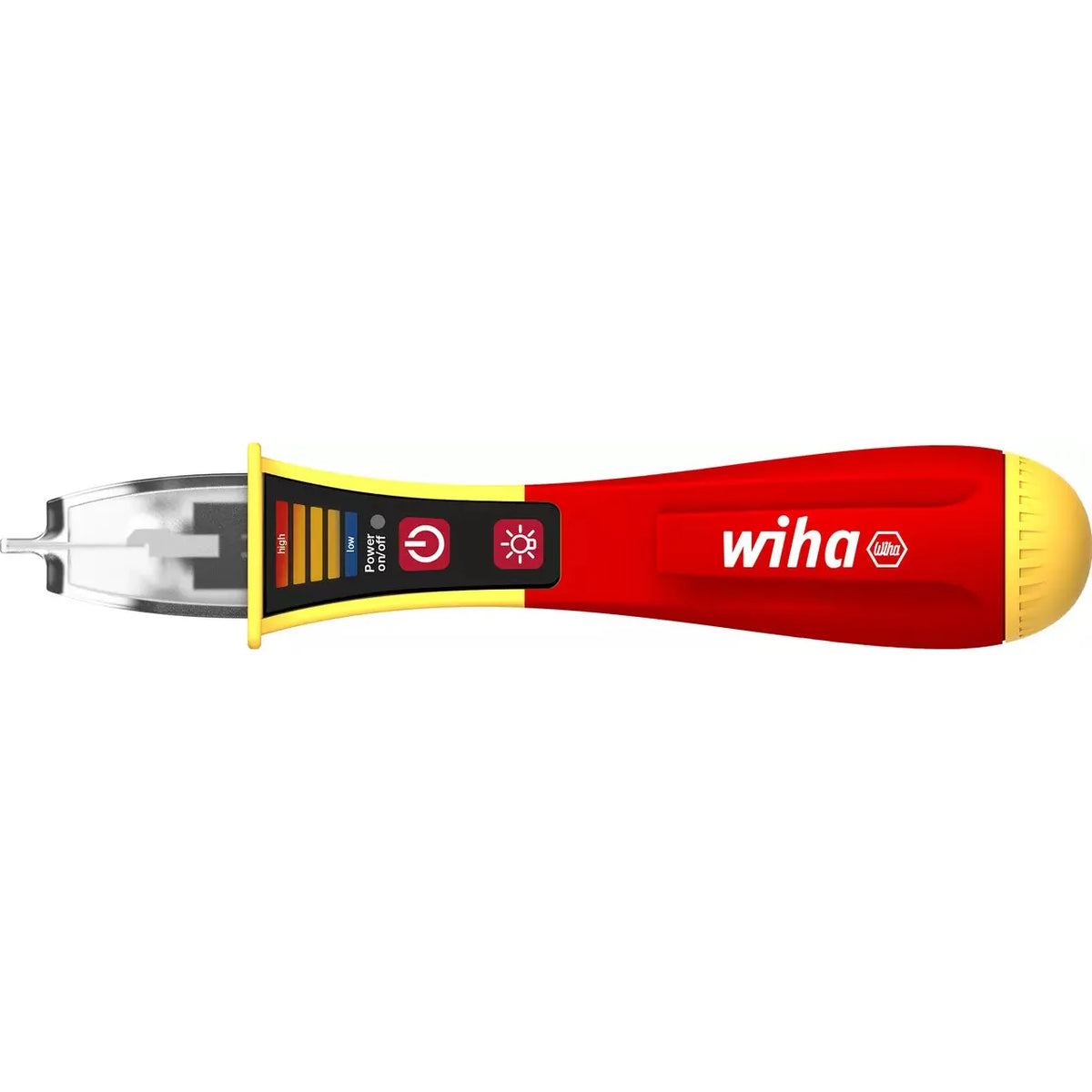 12–1,000V AC – Non-contact voltage detector with red and yellow handle, LED indicators, and power button.