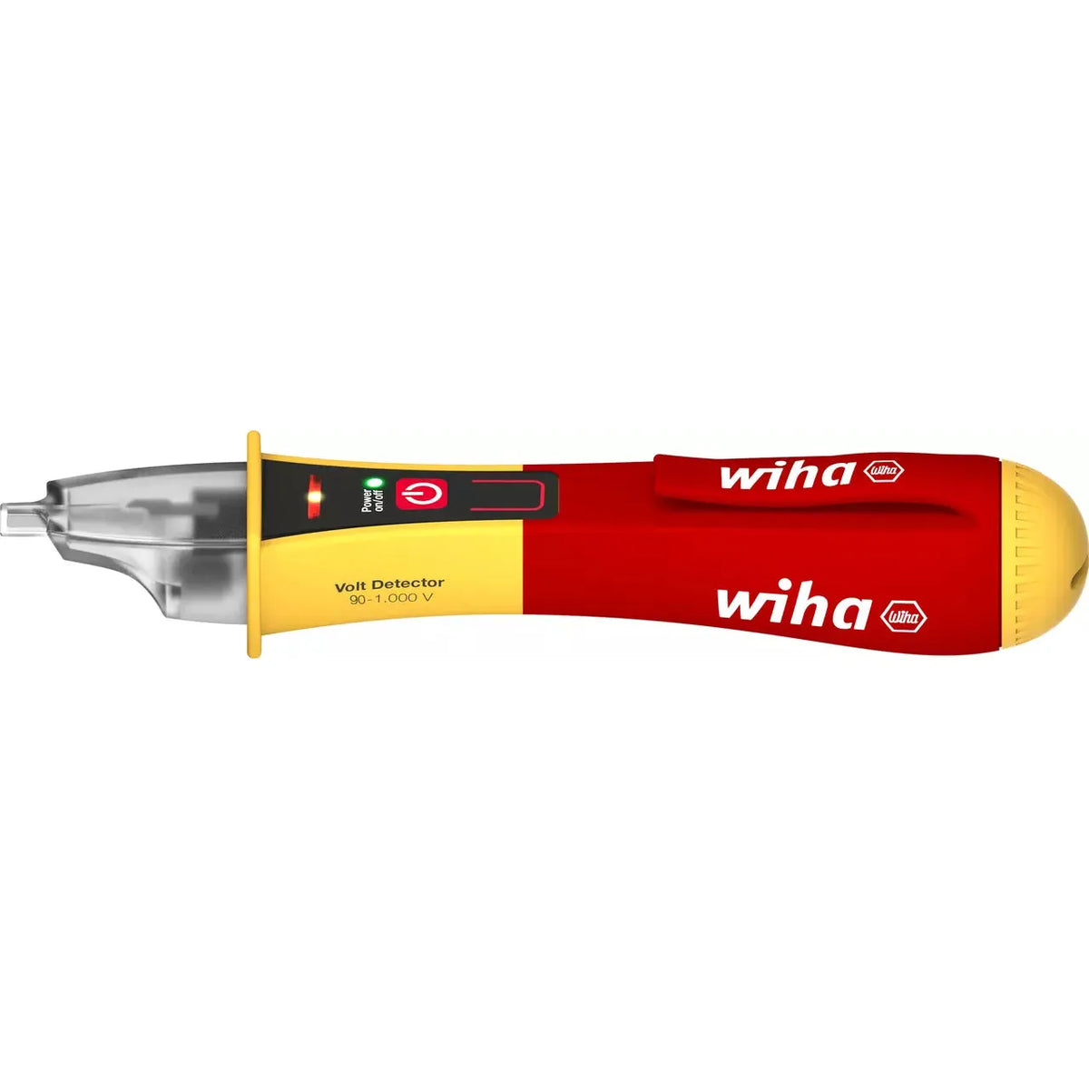 90–1,000V AC – Red and yellow non-contact voltage detector with a clip and power button