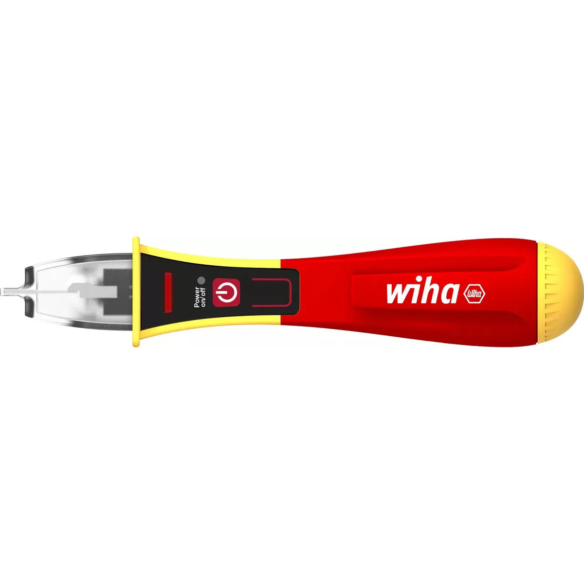 90–1,000V AC – Red and yellow non-contact voltage detector with power button and clip.