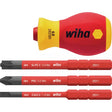 Electric screwdriver with a red and yellow handle and three red interchangeable bits.