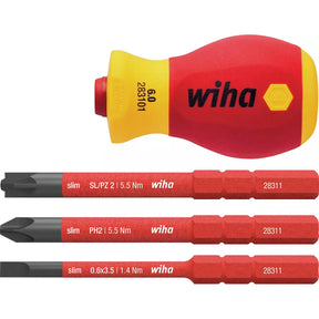 Electric screwdriver with a red and yellow handle and three red interchangeable bits.