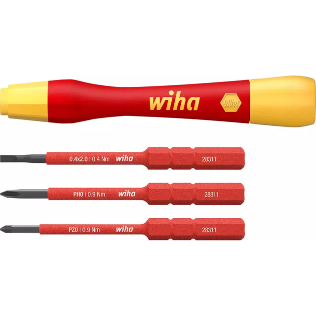 Red and yellow precision screwdriver handle with three red interchangeable bits.