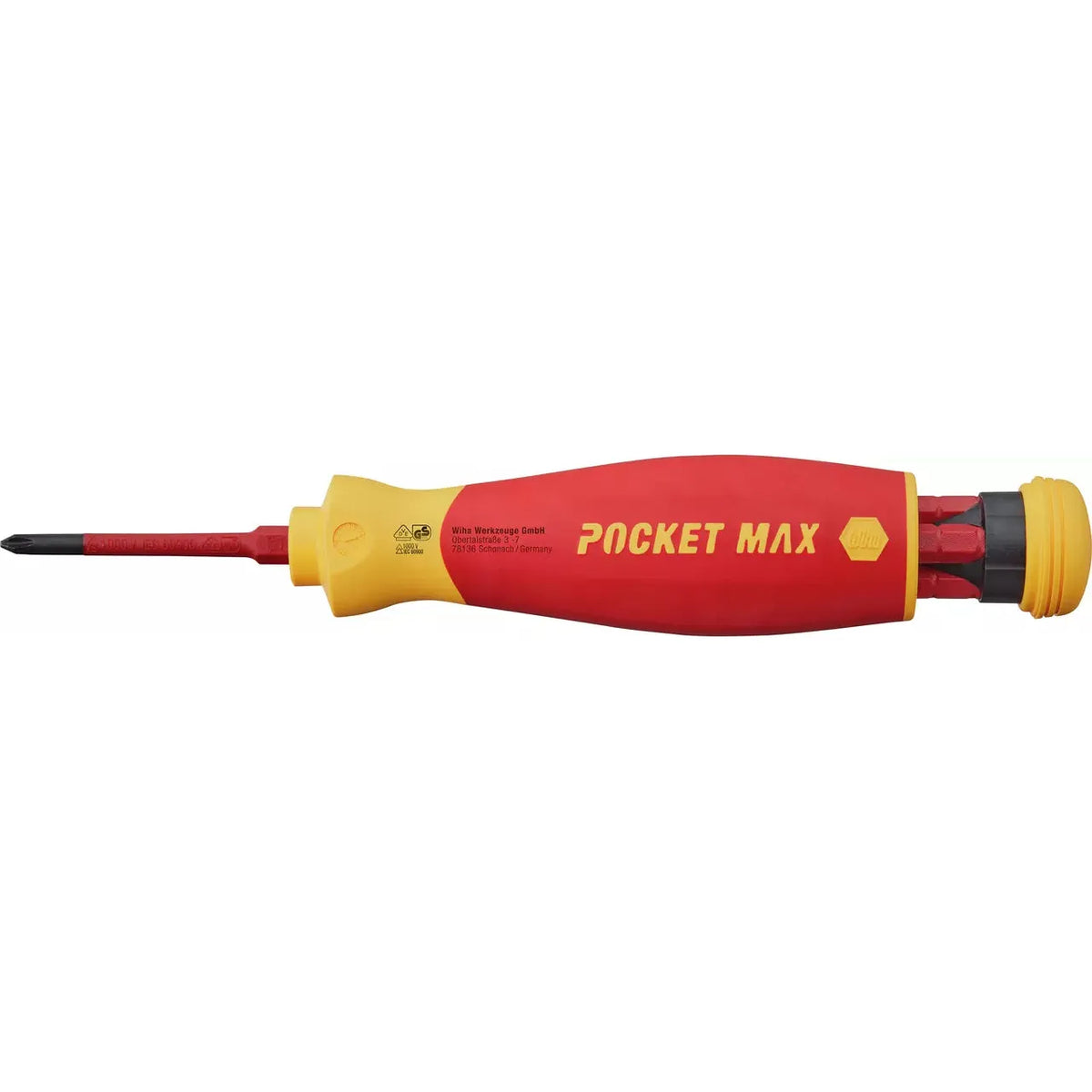 Red and yellow insulated electric screwdriver with interchangeable bits.
