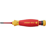 Red and yellow insulated electric screwdriver with interchangeable bits.