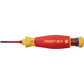 Red and yellow insulated electric screwdriver with interchangeable bits.