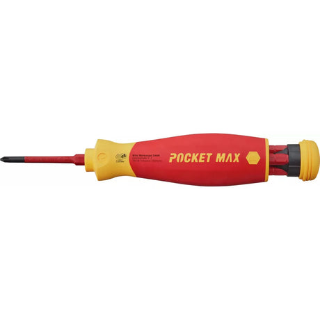 Red and yellow insulated electric screwdriver with interchangeable bits.
