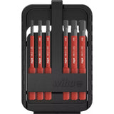 A set of red and black screwdriver bits in a black holder.