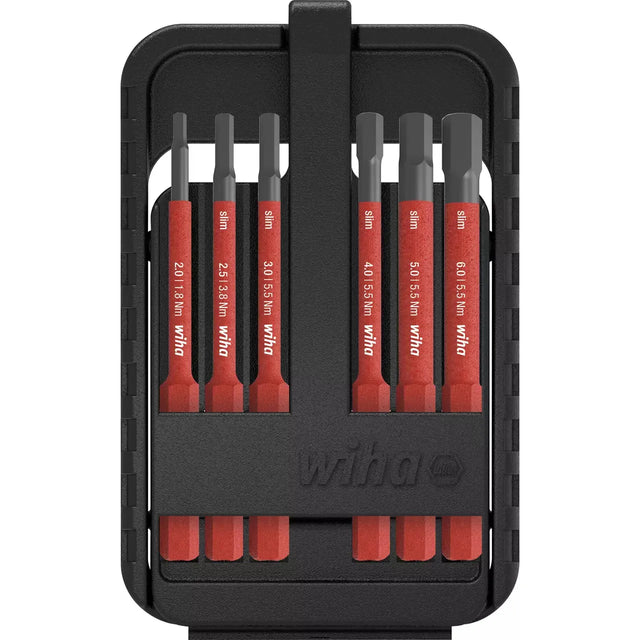 A set of red and black screwdriver bits in a black holder.