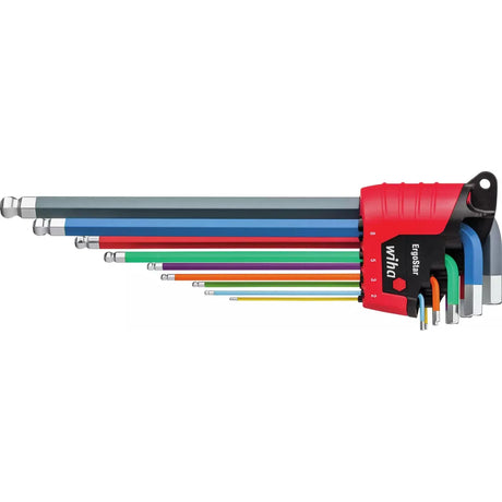 Colorful set of hex keys in a red holder, arranged by size.
