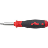 Screwdriver with black and red handle and metal shaft.