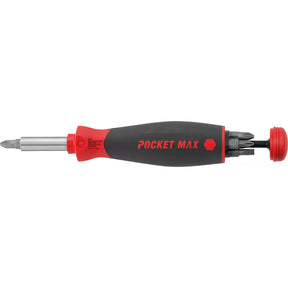 Black and red screwdriver with interchangeable bit holder visible